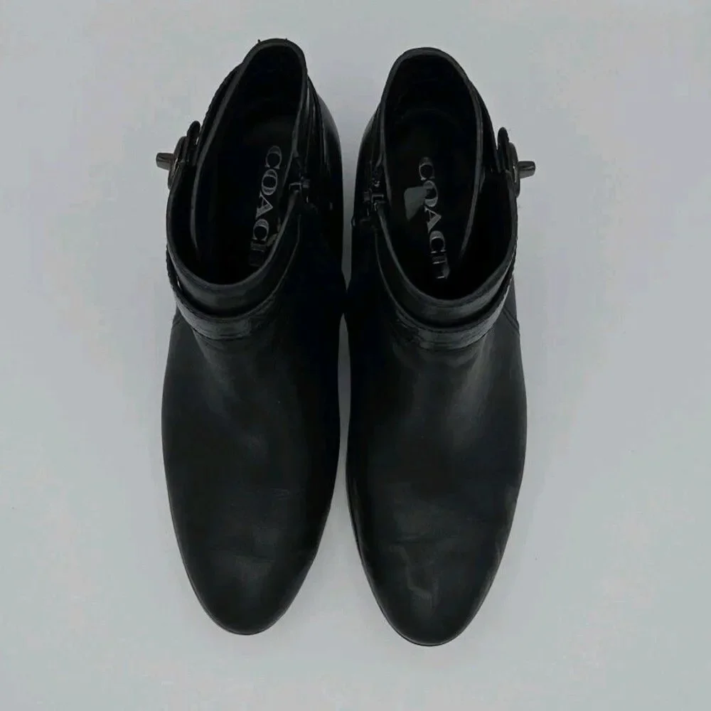 Coach Patricia Black Leather Ankle Booties Block Heel Side Zip Size 6.5B A00235